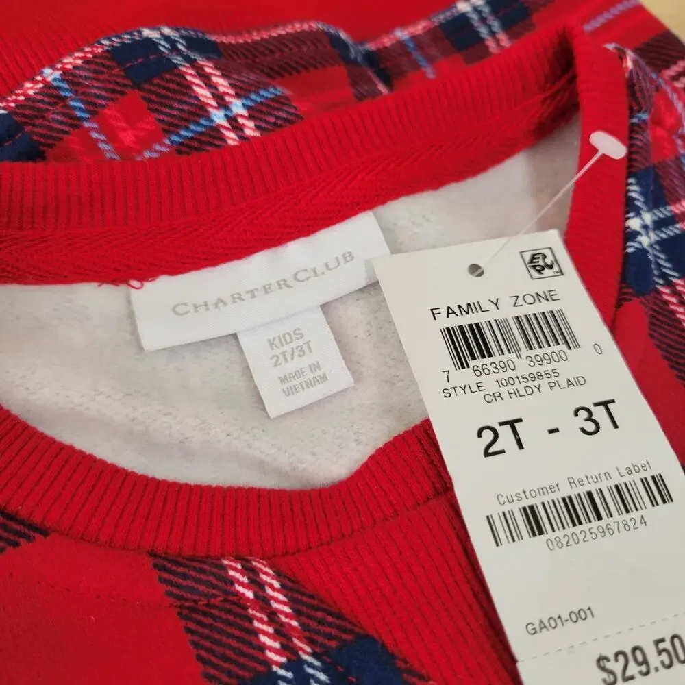 Charter Club Kids Crewneck Top Sweater Cardinal Holiday Plaid Xmas NWT 2T-3T